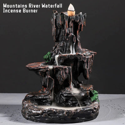 Resin Incense Burner Mountains River Waterfall Incense Burner Fountain Backflow Aroma Smoke Censer Holder Office Home Decoration