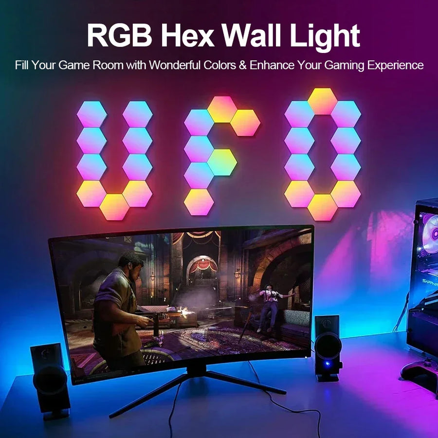 RGB Smart Hexagonal Wall Lamp Color changing Ambient Night Light DIY Shape Music Rhythm APP Game Room Bedroom Intelligent Xmas