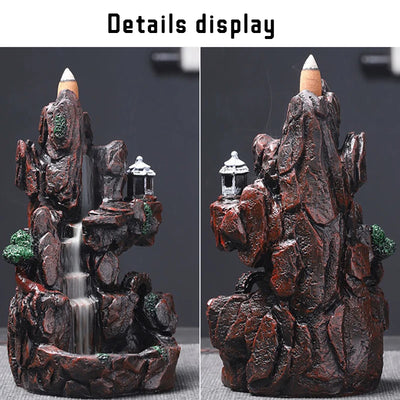 Resin Incense Burner Mountains River Waterfall Incense Burner Fountain Backflow Aroma Smoke Censer Holder Office Home Decoration