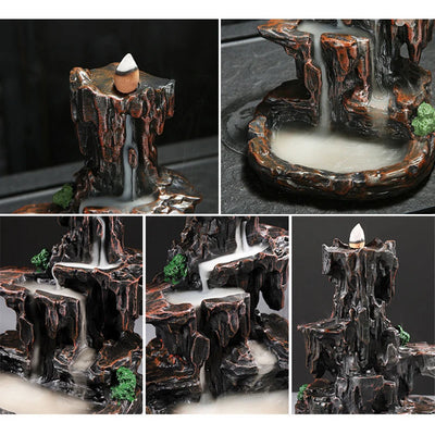 Resin Incense Burner Mountains River Waterfall Incense Burner Fountain Backflow Aroma Smoke Censer Holder Office Home Decoration