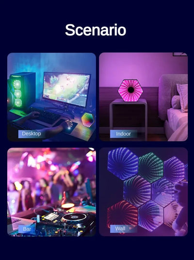 New Ambient Night Light Smart APP Control 3D Hexagonal Mirror Tunnel Lamps Music Rhythm Pickup Lights   Game Room Decoration