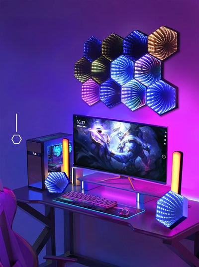 New Ambient Night Light Smart APP Control 3D Hexagonal Mirror Tunnel Lamps Music Rhythm Pickup Lights   Game Room Decoration